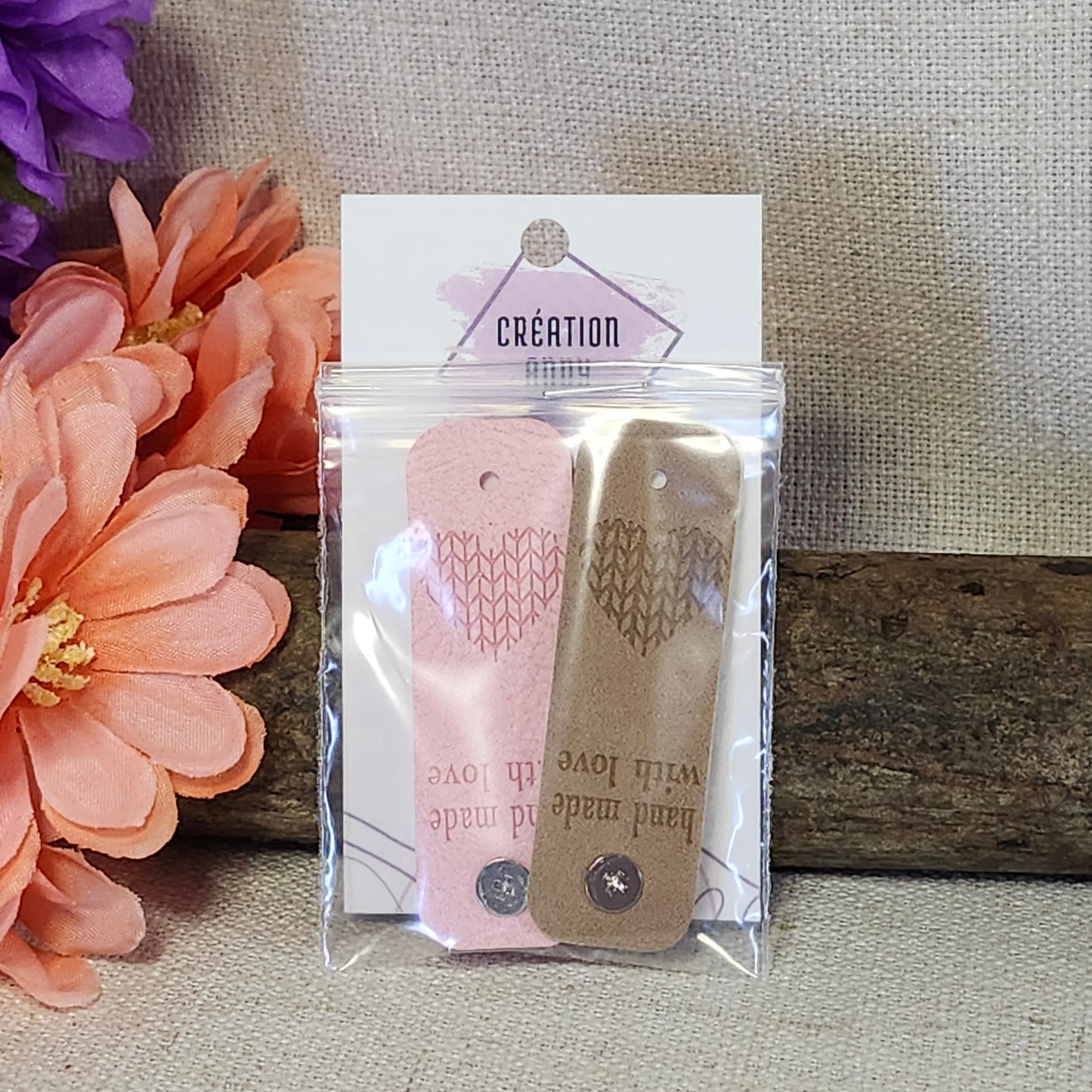 Étiquettes pour tricot - Cœur maille rose et beige