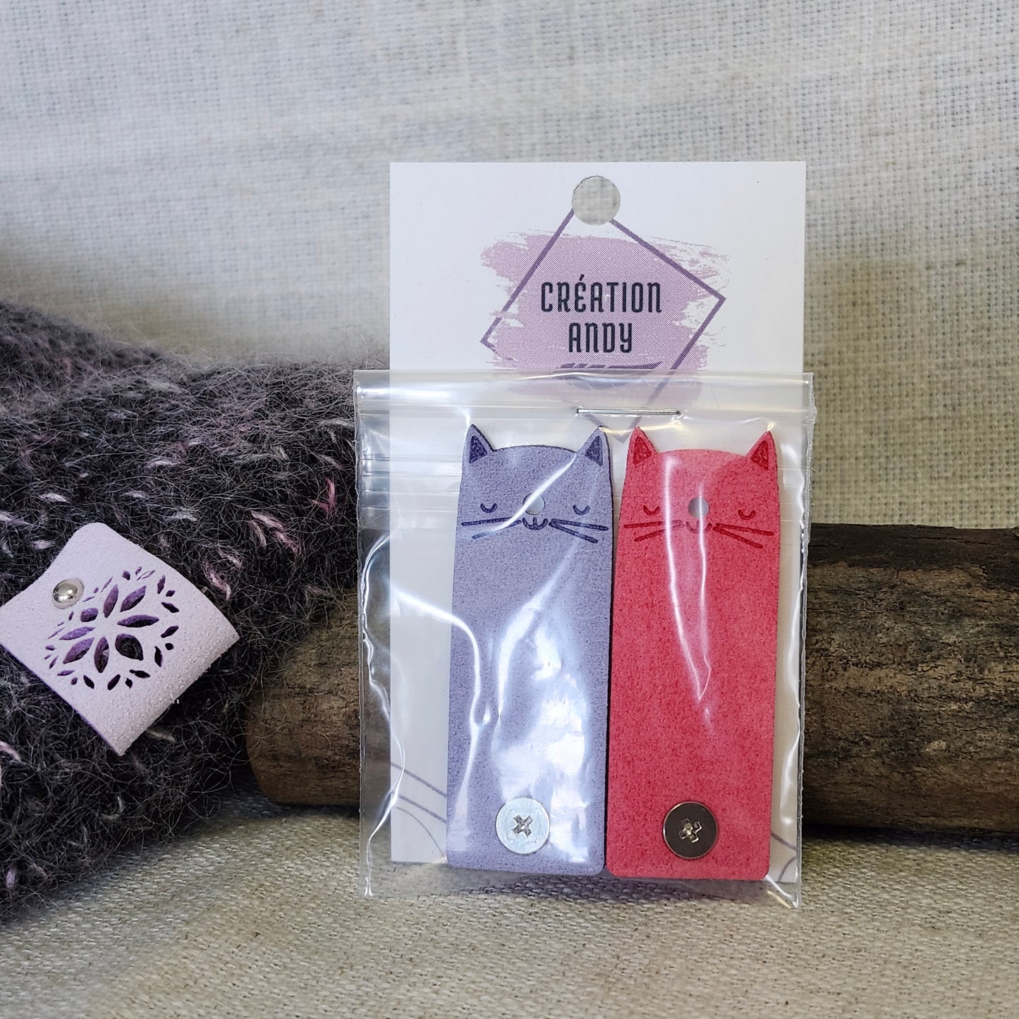 Étiquettes pour tricot - Chat mauve et rouge