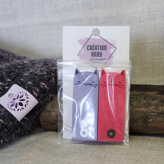 Étiquettes pour tricot - Chat mauve et rouge