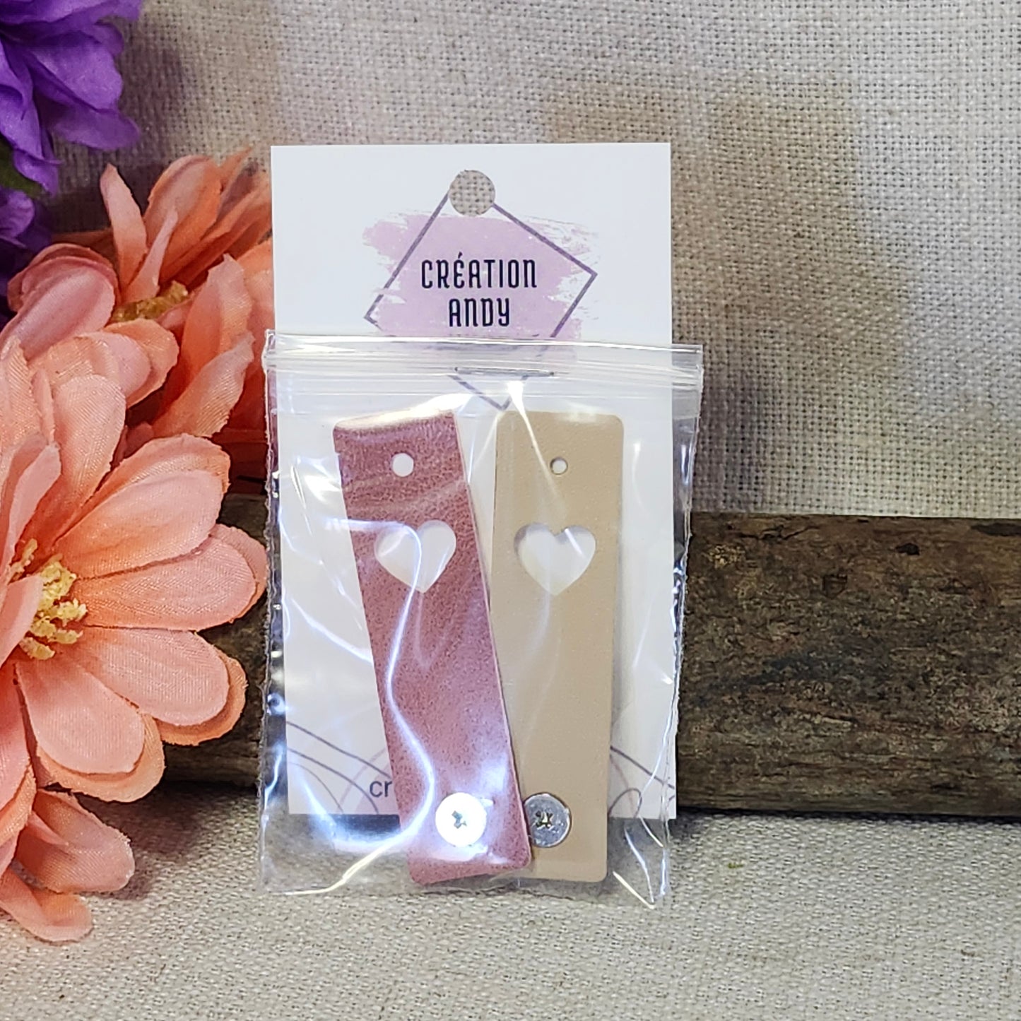 Étiquettes pour tricot - Cœur découpé rose et beige