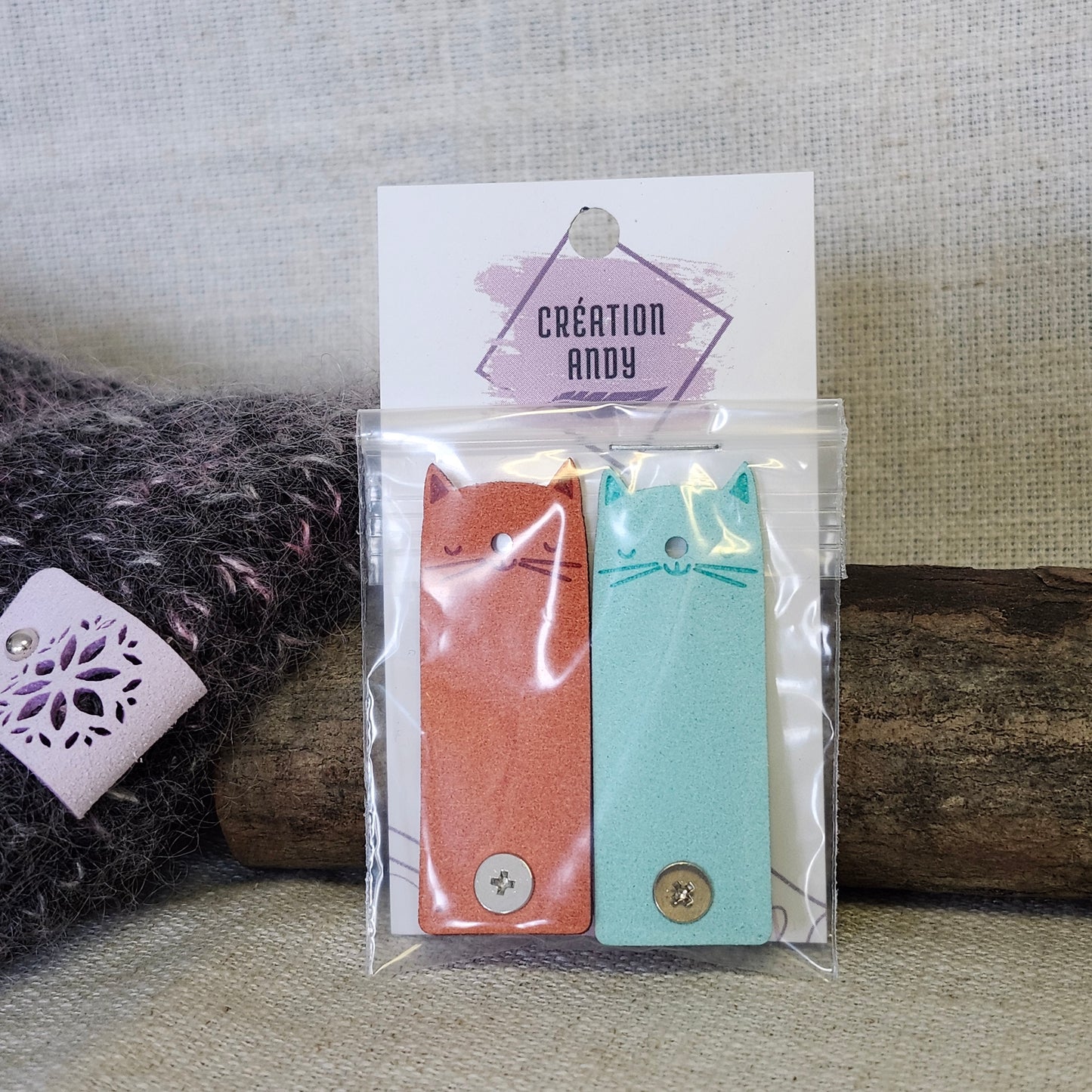 Étiquettes pour tricot - Chat bleu et orange