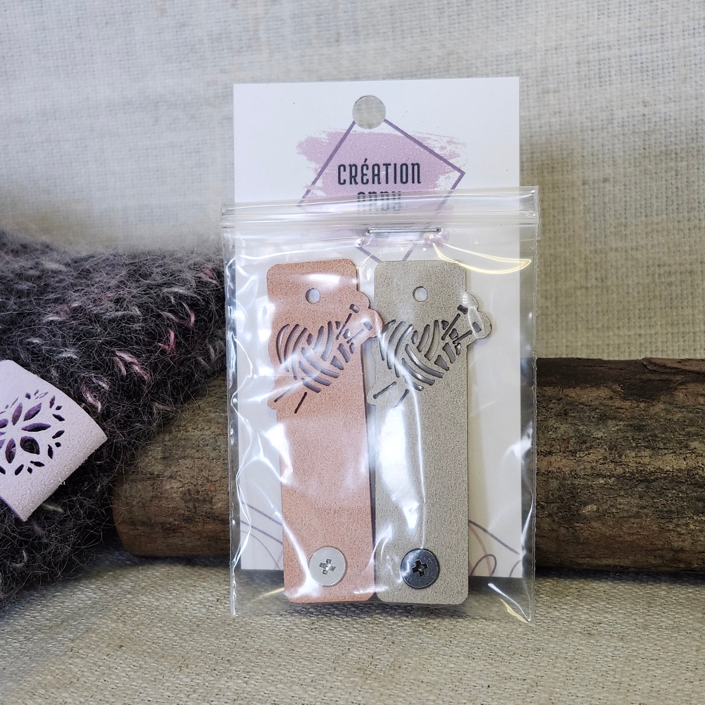 Étiquettes pour tricot - Ceur balle de laine abricot et gris pâle