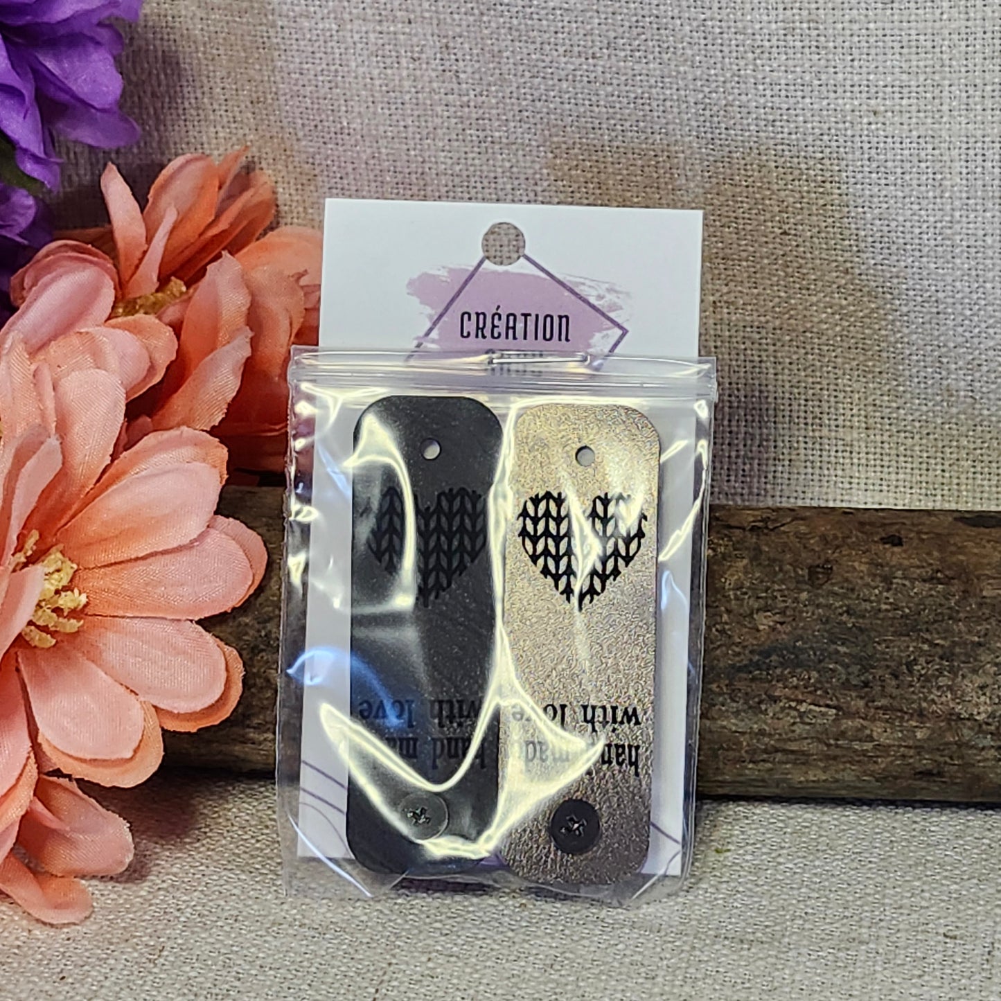 Étiquettes pour tricot - Cœur maille gris argenté et noir