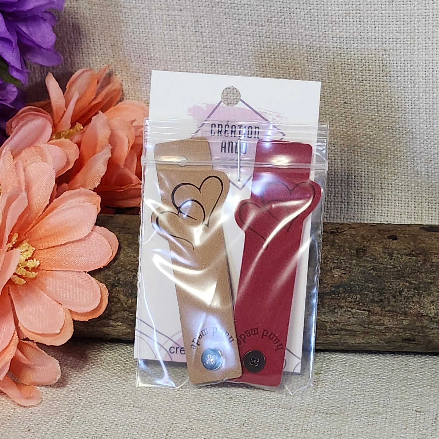 Étiquettes pour tricot - Cœurs entrelacés rouge et beige