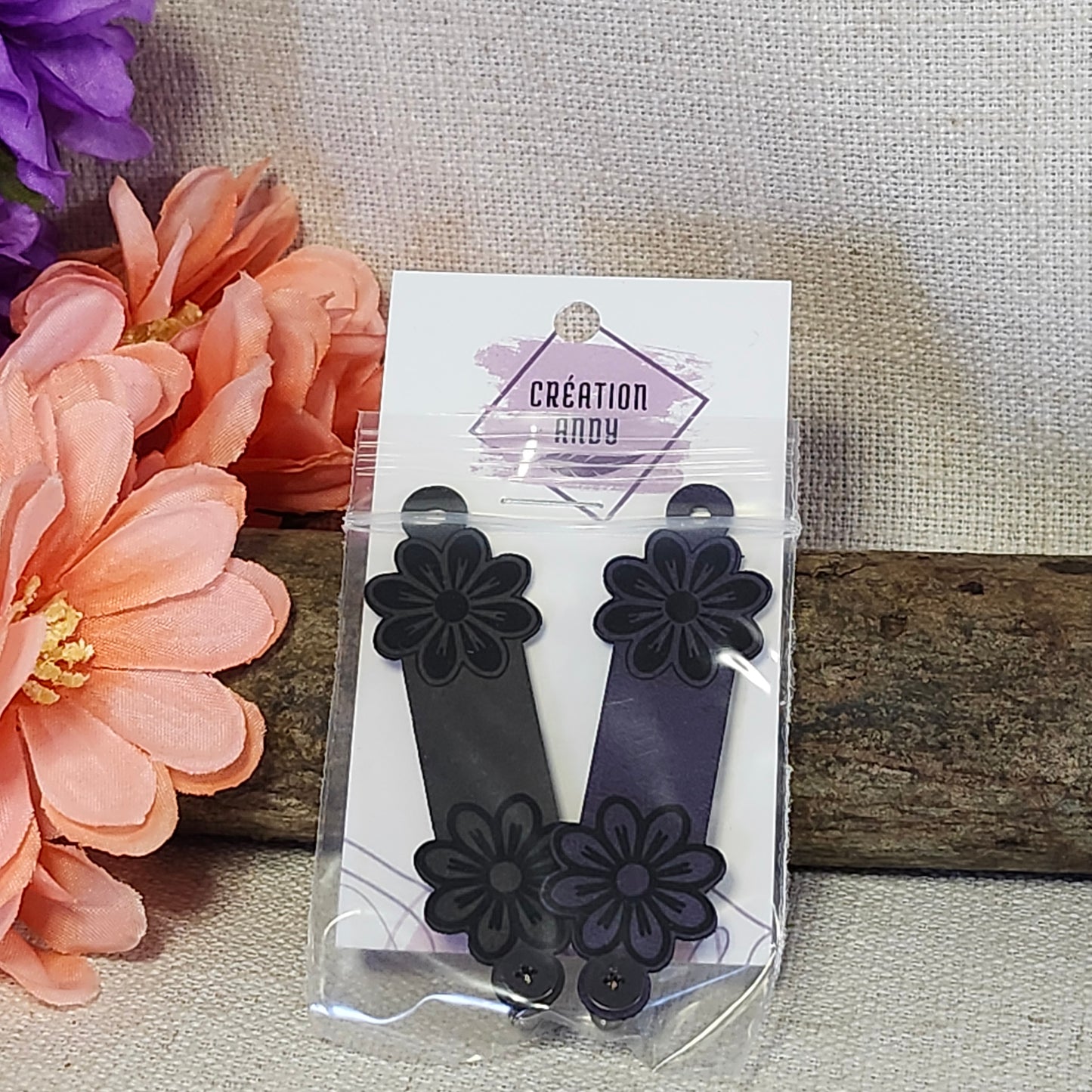 Étiquettes pour tricot - Fleur classique violet et charbon